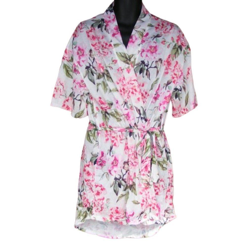 SHOW ME YOUR MUMU Robe, O/S, White/Pink Floral, Sash Belt, Mid-sleeve